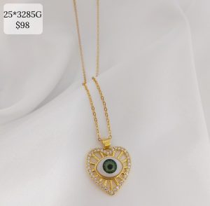 COLLAR CORAZON CZ CON RAYOS CENTRO CON OJO COLOR