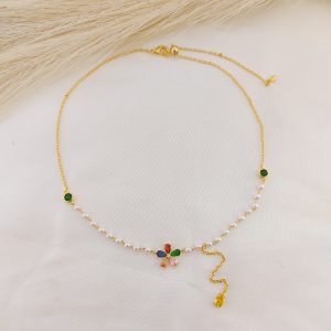 CHOKER CAD PERLAS CENTRO FLOR CIRCONIAS COLORES CON COLGANTE LATERAL
