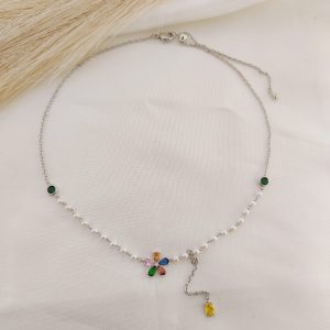 CHOKER CAD PERLAS CENTRO FLOR CIRCONIAS COLORES CON COLGANTE LATERAL
