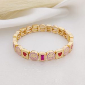 PULSO ELASTICO CORAZON , CARA FELIZ Y CZ RECTANGULARES