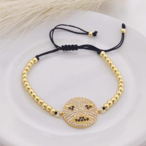 PULSO CARA FELIZ CZ AJUSTABLE BOLITAS HILO NEGRO