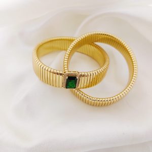 BRAZALETE 15 MM RAYAS ENROSCADO DOS VUELTAS CZ VERDE CUADRO