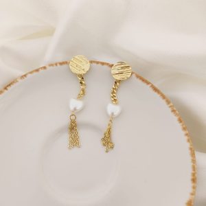 ARETE DISCO RAYADO CADENA PLANCHADA CORAZON PERLA CON 3 MINI COLGANDO