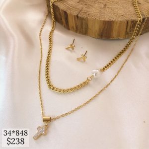 SET CRUZ DOBLE CADENA Y PERLA