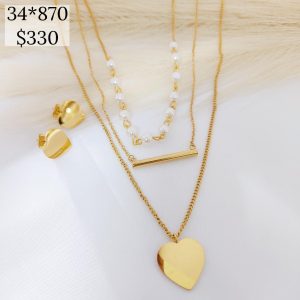 SET COLLAR TRIPLE CORAZON PLANO Y VARRA Y TRAMO PERLAS