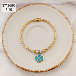 PULSERA ARO IMAN DIJE TREBOL 4 HOJAS TURQUEZA