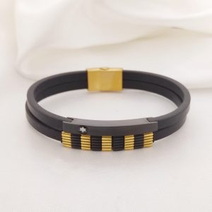 PULSO BARRA FLOR CON BARRA DE RAYAS  PIEL LISA