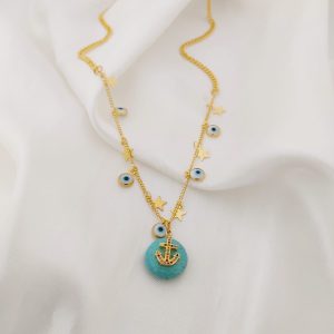 COLLAR CADENA DIJES OJOS Y ESTRELLAS CON LUNETA TURQUEZA Y PERLA