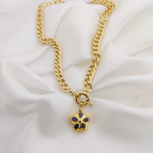 COLLAR CADENA PLANCHADA BROCHE MARINERO DIJE FLOR 5 PETALOS