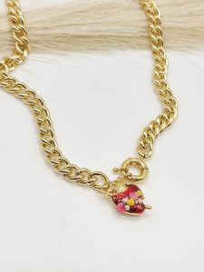 COLLAR CADENA PLANCHADA DIJE CORAZON ROJO ROSAS