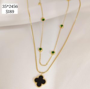 COLLAR DOBLE CON  CIRCONIAS Y DIJE FLOR NEGRO