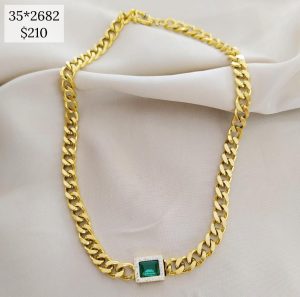 COLLAR CADENA CUBANA DIJE CRISTAL VERDE