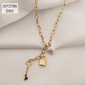 COLLAR CADENA ESLABON CANDADO, LLAVE Y PERLA