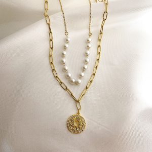 COLLAR ESLABONES CON PERLAS Y CIRCULO