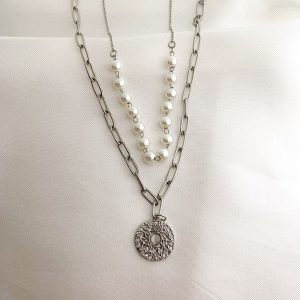COLLAR ESLABONES CON PERLAS Y CIRCULO