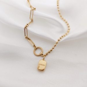 COLLAR DISCO CON PLACA RECTANGULO, CAD BOLAS Y OVALO LARGO