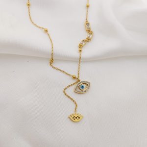 COLLAR DOBLE CADENA DIJE OJO CON ZIRCONIAS