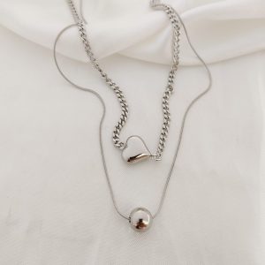 COLLAR DOBLE CADENA CON CORAZON Y BOLA