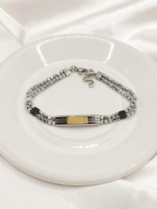 PULSO DOBLE LINEA BOLITAS PIEDRA CENTRO BARRA RECTANGULO  RAYADO