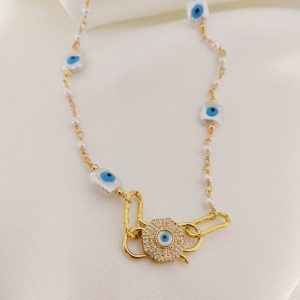 COLLAR PERLA CON OJO DIJE OCTAGONO CON OJITO